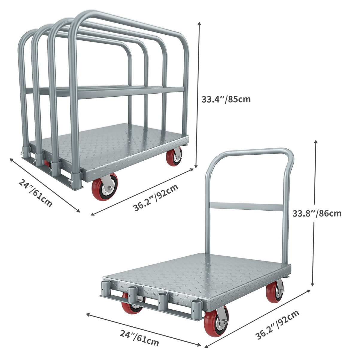 YITAHOME 2-in-1 Steel Panel Truck Cart 2200 LBS, Heavy Duty Platform Truck Carts with 4 Side Handrails, Flatbed Lumber Cart Drywall Carts with 4 Rubber Swivel Casters for Loading and Storage