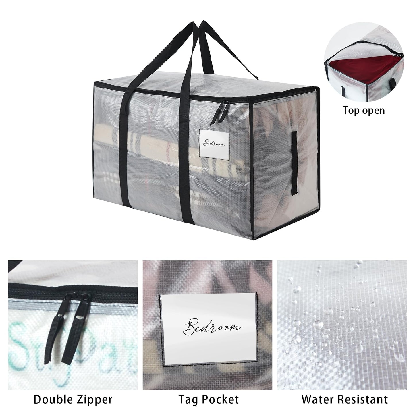 6-Pack Extra Large Clear Moving Bags with Zippers, 93L Heavy Duty Storage Totes with Wrap-Around Handles, Collapsible Clothes & Holiday Storage Bins Alternative (100lb Capacity)