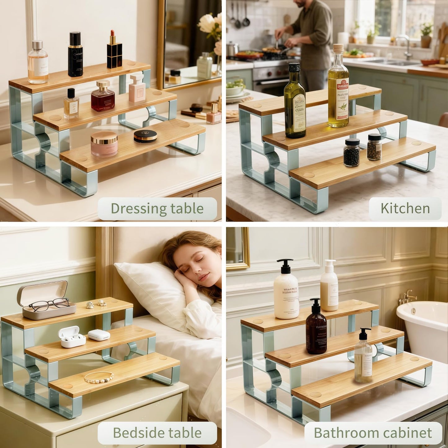 mengbu 3-Tier Bamboo Condiment and Spice Rack Shelf for Kitchen Countertop & Storage Cabinet, Step Organizer Display Riser Shelf for Women, Space-Saving, Easy Access, Easy to Assemble(14" Width)