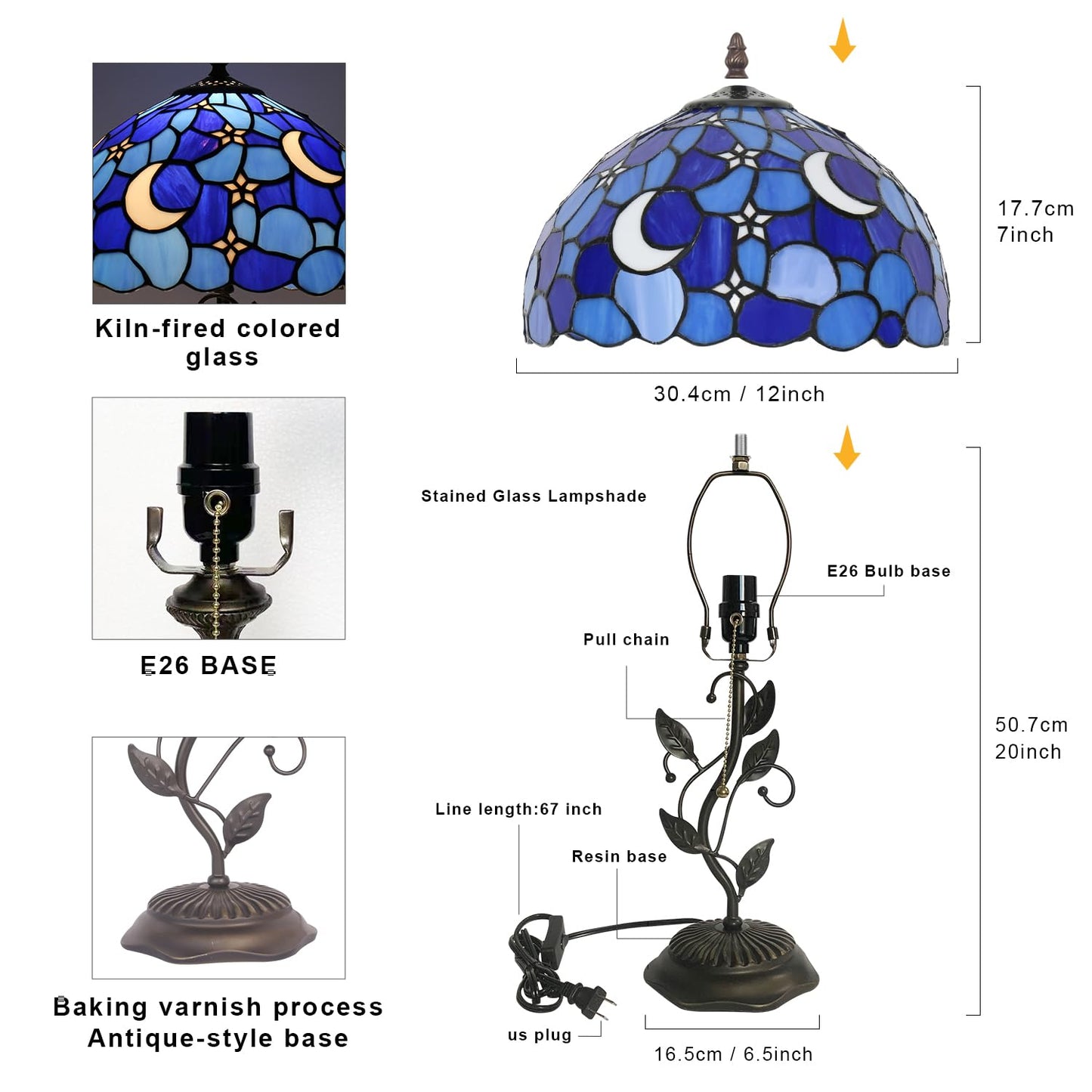 TFNTCYG Tiffany Style Table Lamp,Stained Glass Moon Table Lamp,12X12X19 Inch Reading Light, Metal Leaf Base Antique Glass Desk Decor Lamp.