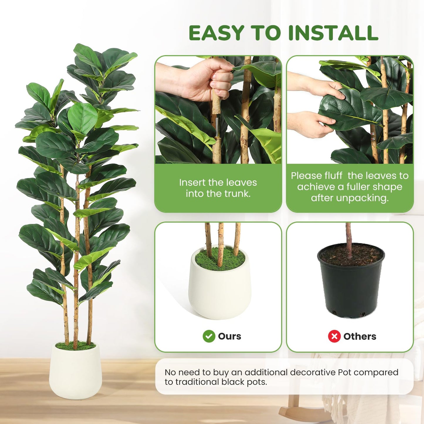 Garvee Artificial Fiddle Leaf Fig Tree with White Planter, 5 ft Tall Fake Plant with Natural Wood Trunk, Faux Ficus Tree Potted Moss for Home Office Living Room Decor