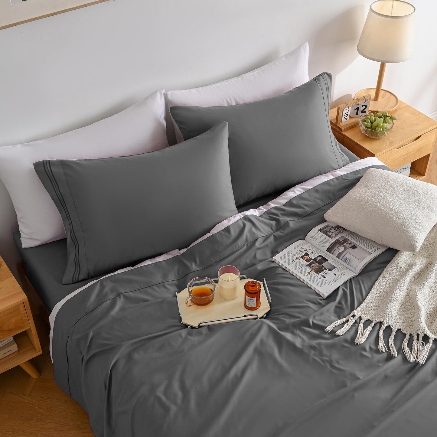 Yibeizi Grey Queen Sheet Sets-Luxury Hotel Style-Extra Deep Pocket Fitted Bed Sheet Set-Microfiber Bedding Sheets & Pillowcases-Soft Cooling Bedsheet 4 Piece