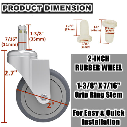 RILIDRI 2-Inch Swivel Stem Caster, 7/16-Inch Stem Diameter Rubber Wheel, Thermoplastic Rubber TPR Replacement Wheels for Weber Grill Shop Vac - 4 Pack