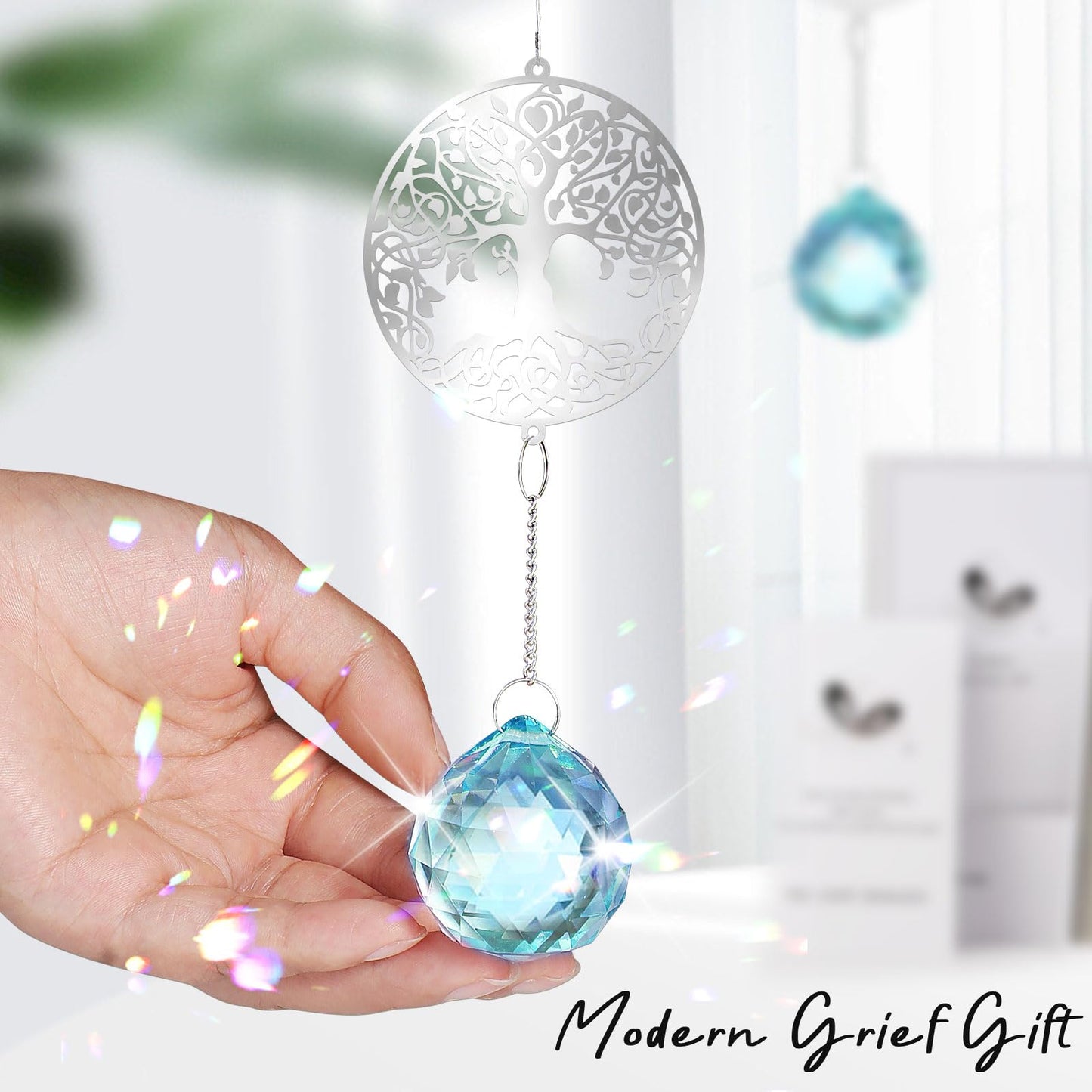 Elivida Modern Sympathy Grief Gift for Loss of Loved Ones, Memorial Suncatcher, Crystal Bereavement Gift Idea, Tree of Life Design Rainbow Maker for Miscarriage, Remembrance, Blue