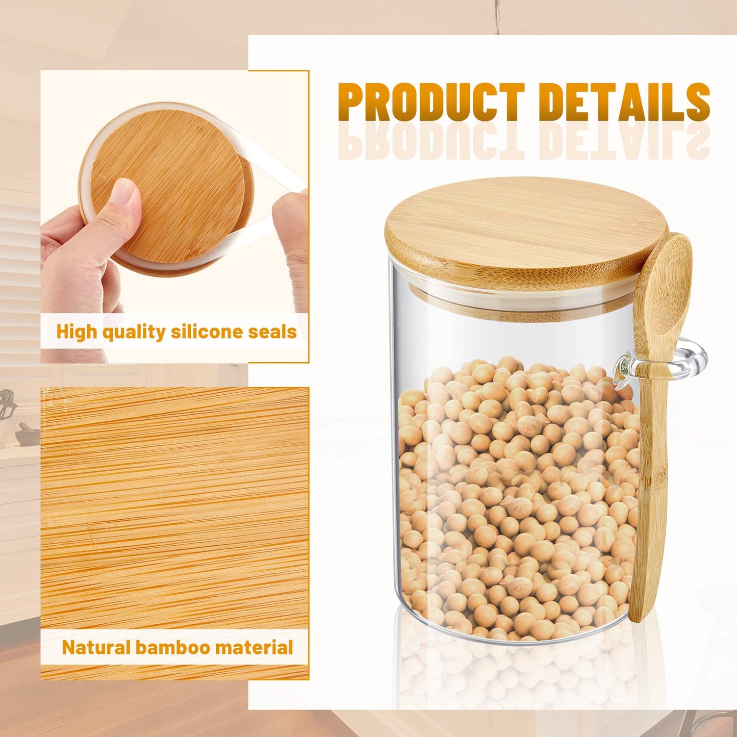 Tessco for you 8 Pack Sugar Jar Glass Container with Spoon Clear Glass Jars with Bamboo Lid and Spoon Scoop for Women Christmas Kitchen Gift Coffee Beans, Spice, Sugar, Nuts, Candy, Salts (17 oz)
