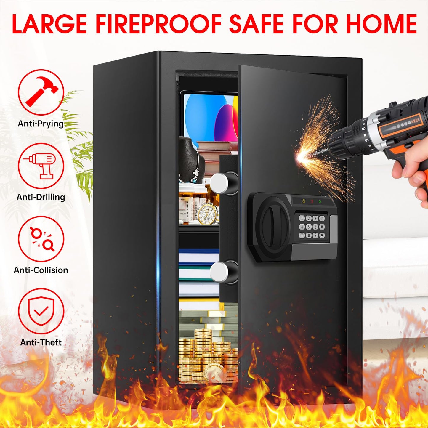 3.4 Cub Large Safes for Home Use Fire and Water Proof, Anti-Theft Digital Security Safe Box with Electronic Keypad and Key, Fire Proof Safe for Home Documents Firearm Medicine Money Valuables