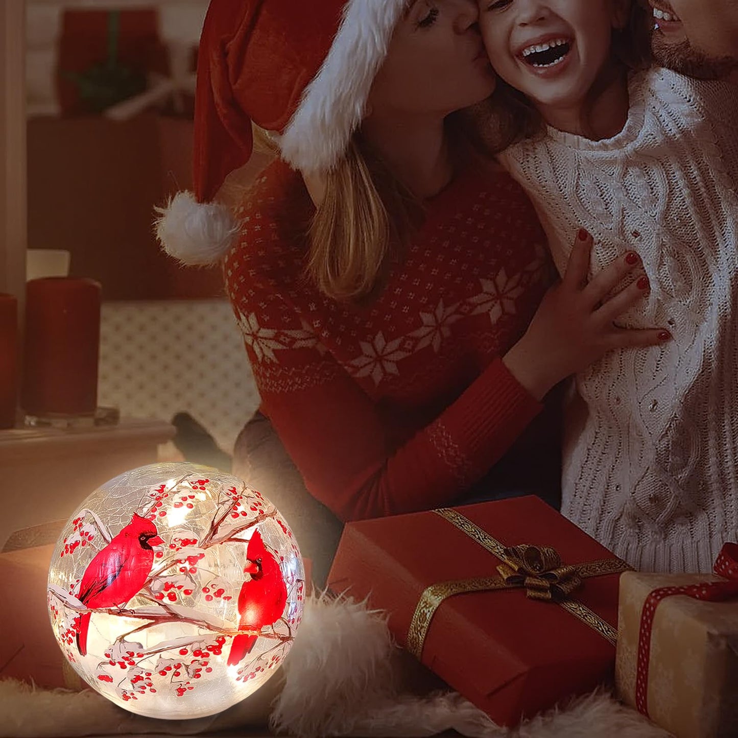 BERSCAH Glass Ball Light Crackle LED Night Light Red Bird Pattern Battery Operated Light Tabletop Decorative Sphere Lamp LED Orb Table Lamp for Outdoor Living-Room Pathway Patio Yard Lawn Bedroom