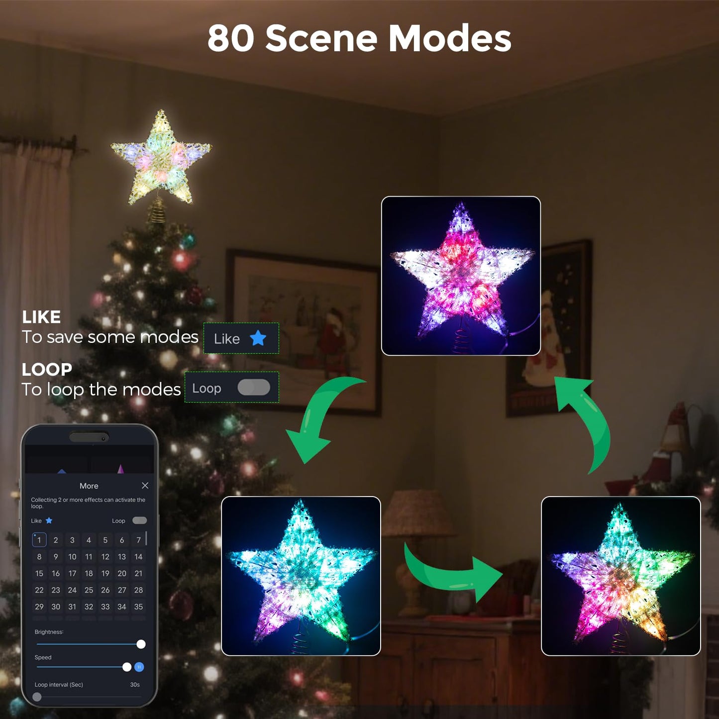Smart Christmas Tree Topper, 9" RGB Star Tree Topper, Timer, App Control, USB Powered, Music Sync, Gold Tree Topper for Indoor Party Holiday Decor