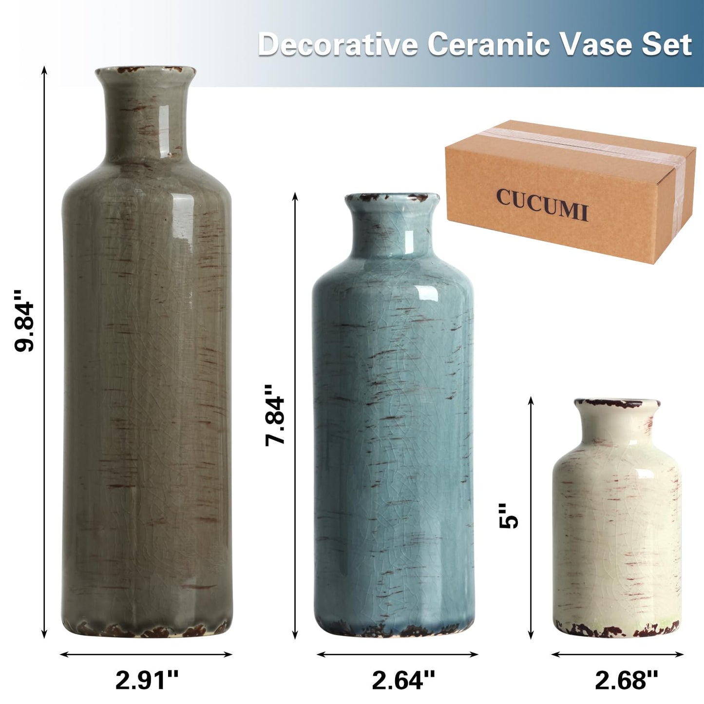 CUCUMI Ceramic Vases Set of 3, Rustic Coastal Vases Home Decor, Farmhouse Flower Vases Decor for Shelves, Ocean Beach Style, Mantle, Fireplace, Coffee Table, Shelf Decorations
