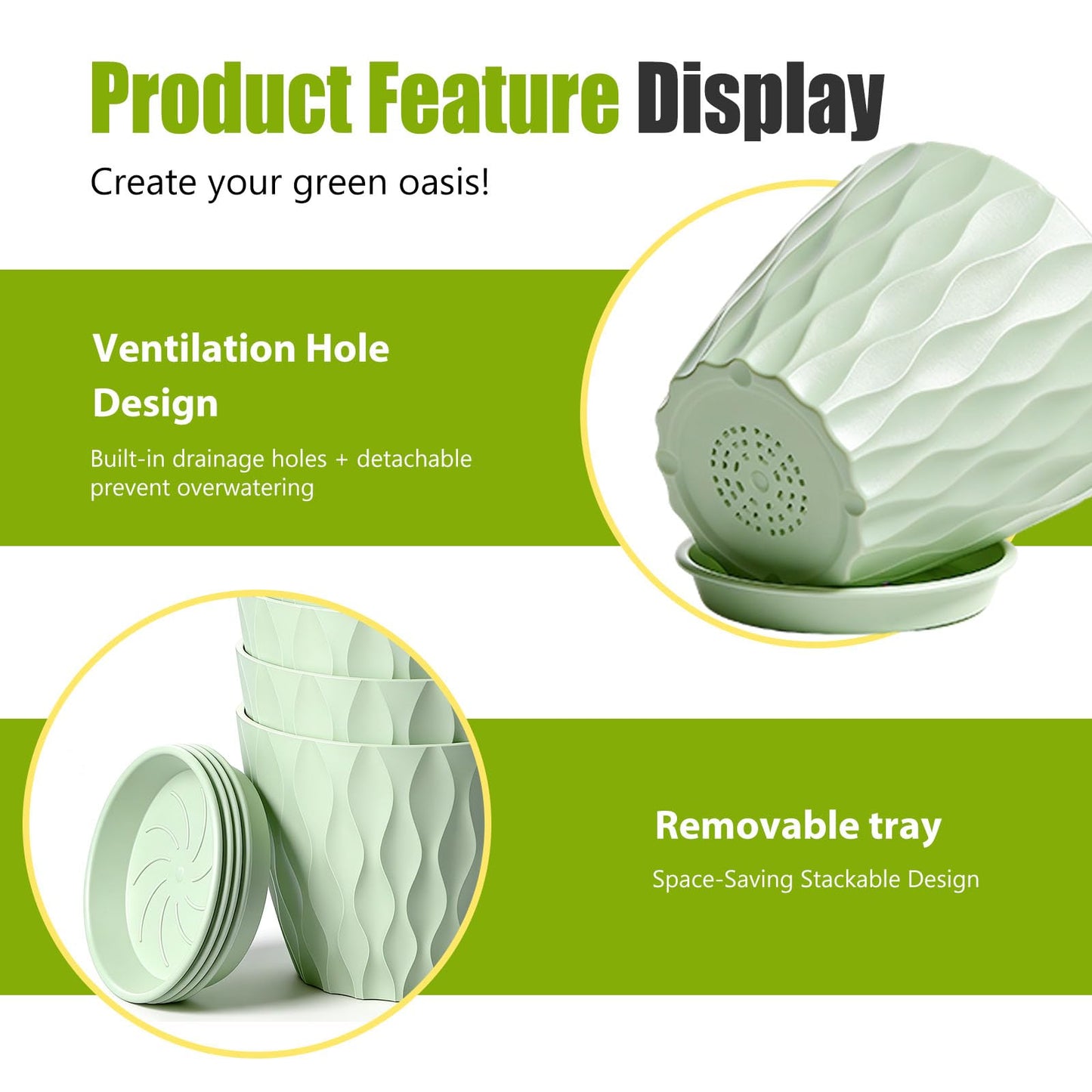 SQKH 8 Inch Plastic Plant Pots,Set of 5 Flower Pots,Planters with Drainage Holes & Saucers, Indoor Outdoor Garden Pots for Home Decor(Green)