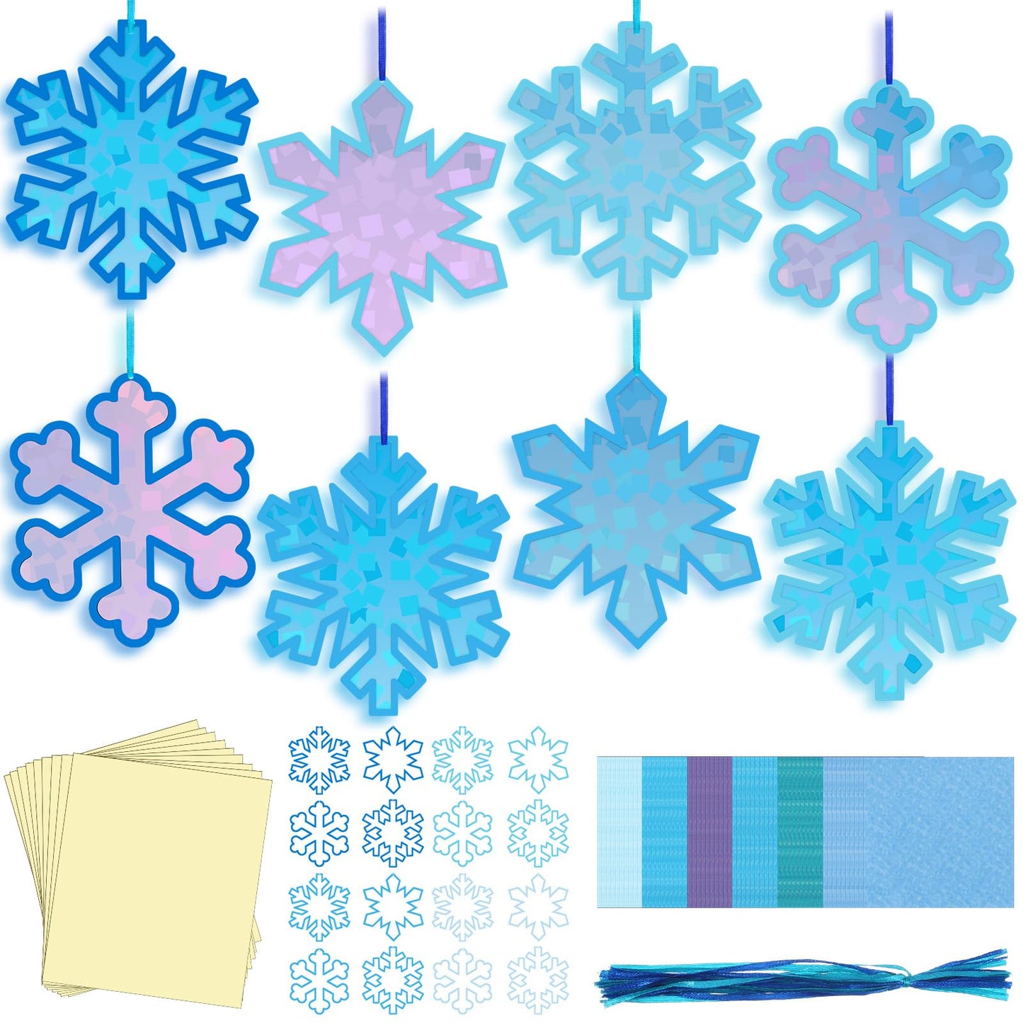 Motipuns 32 Pcs Winter Snowflake Suncatcher Ornament Craft Kit with Blue Ribbon, Christmas Window Art Decoration DIY Ornament Set for Adults Winter Activity
