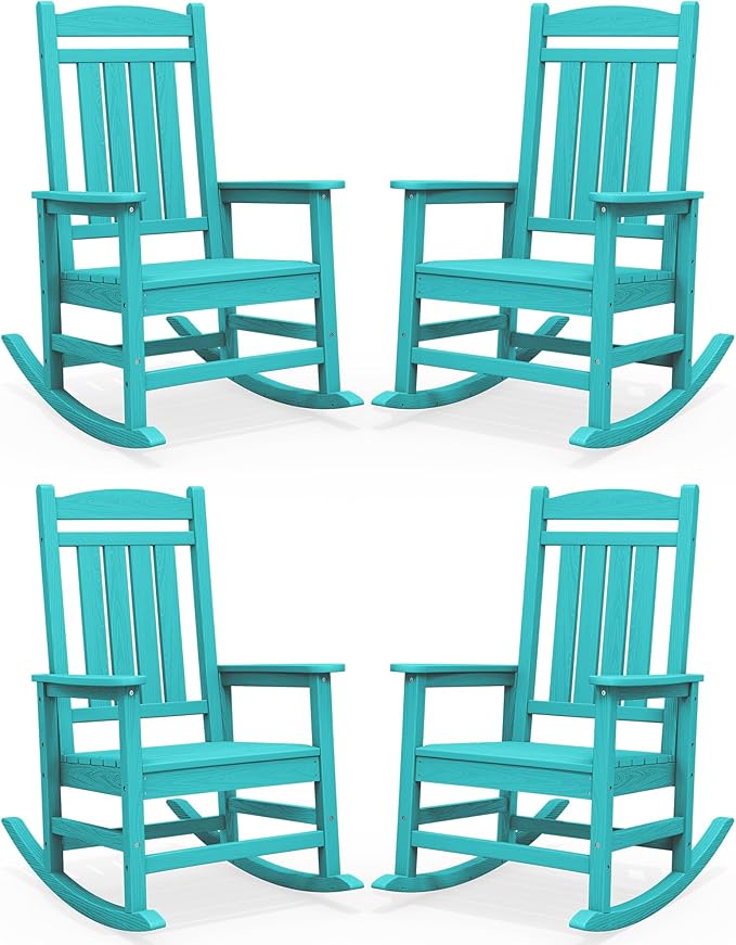 SERWALL HDPE Outdoor Rocking Chair Set of 4, Patio Rocking Chairs, All-Weather Porch Rockers for Adults, Aruba Blue