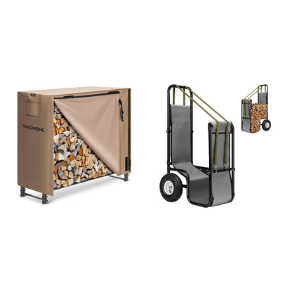 VIVOHOME 4 ft Heavy Duty Firewood Rack Outdoor with Cover, Brown Firewood Log Cart Carrier with Rubber Wheels and 600D Oxford Cloth, 250 LB Capacity Heavy Duty Steel Dolly Hauler