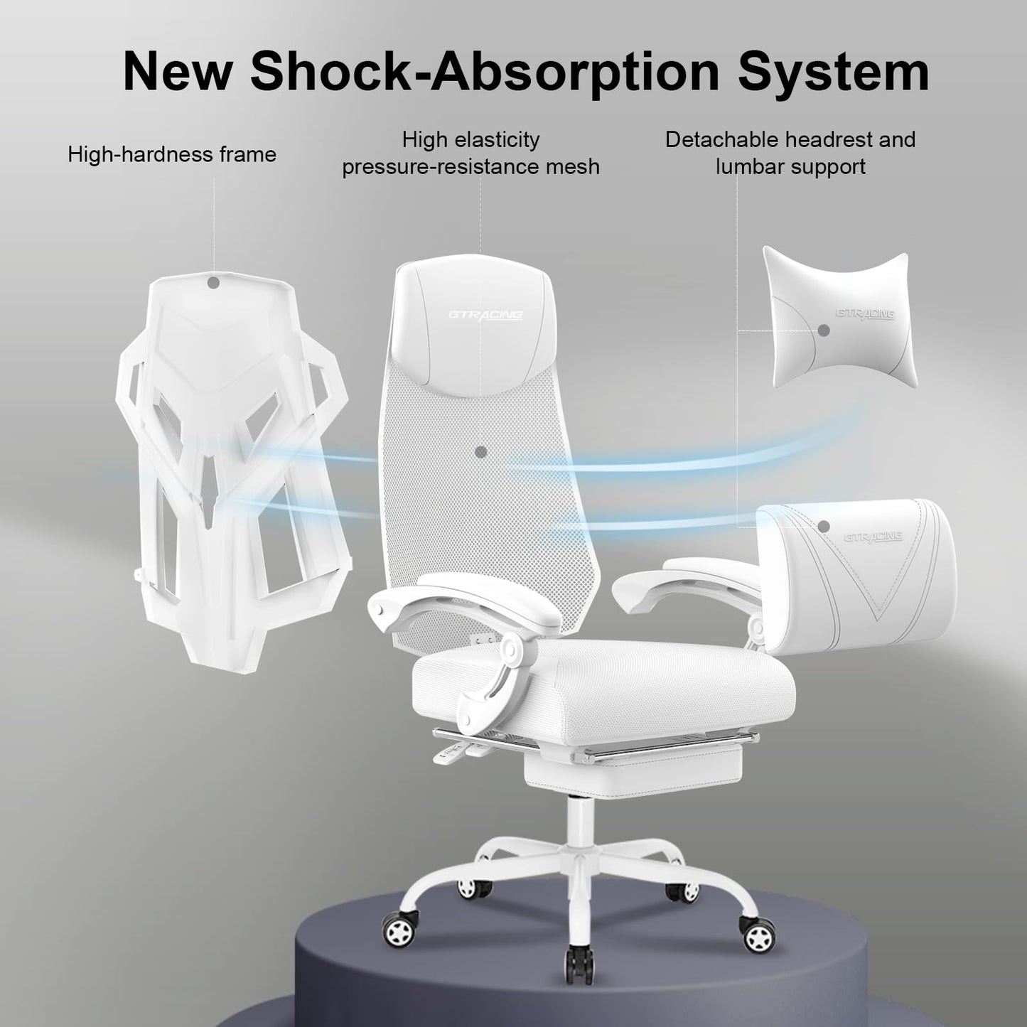 GTRACING Gaming Chair, Computer Chair with Mesh Back, Ergonomic Gaming Chair with Footrest, Reclining Game Chair with Adjustable Headrest and Lumbar Support for Gaming and Office (White)