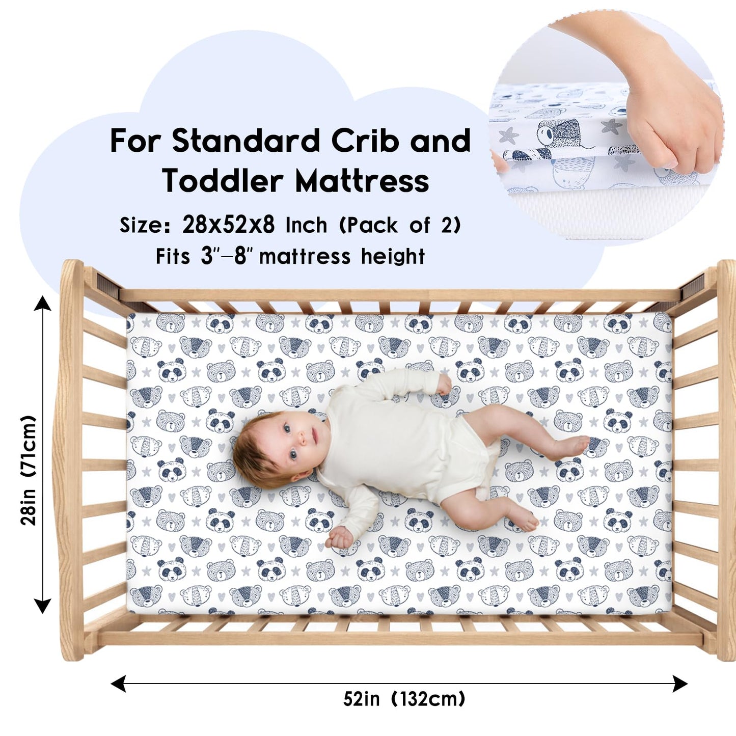 Yoofoss Baby Crib Sheets for Boys Girls, Fitted Crib Sheet 2 Pack for Standard Crib and Toddler Mattress, Super Soft Microfiber Baby Sheet 28x52x8in(Panda)