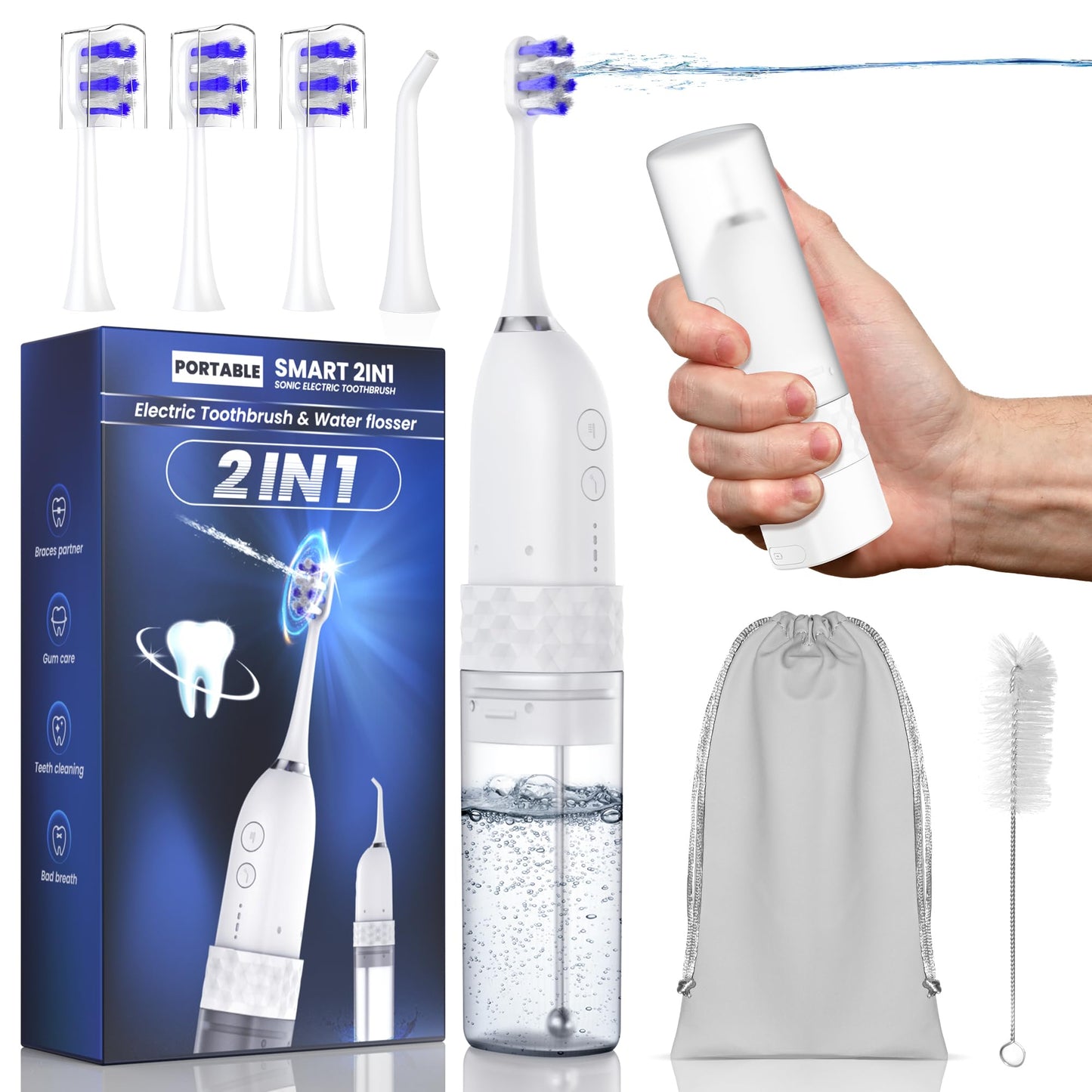 Portable Water flosser with Electric Toothbrush, 2 in 1 Teeth Cleaning Kit, Electric Toothbrush and flosser Combo, Water Flosser for Travel and Home (Black)