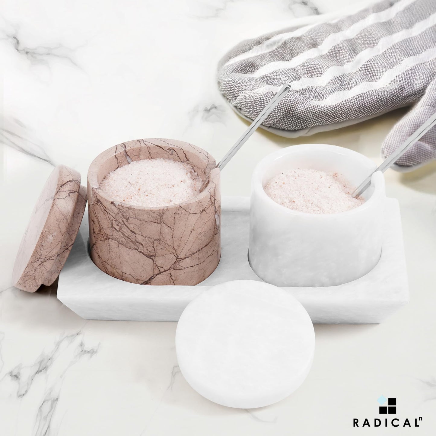 Radicaln Marble Salt Cellar with Lid and Tray 3" Inch White and Marinara Handmade Set of 2 Seasoning Jars For Kitchen Storage, Ideal Table Sugar Bowl & Salt Dish For Countertop