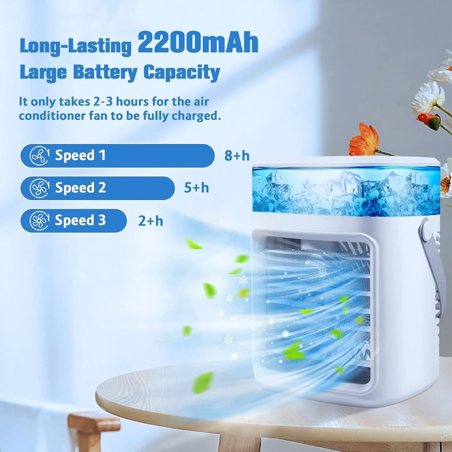 Portable Air Conditioner, 3 Speeds Personal Evaporative Air Cooler with 2/4H Timer, 450ml Rechargeable Mini Air Conditioner, Quiet Portable AC Unit Fan for Office Desk Home Bedroom Camping Car