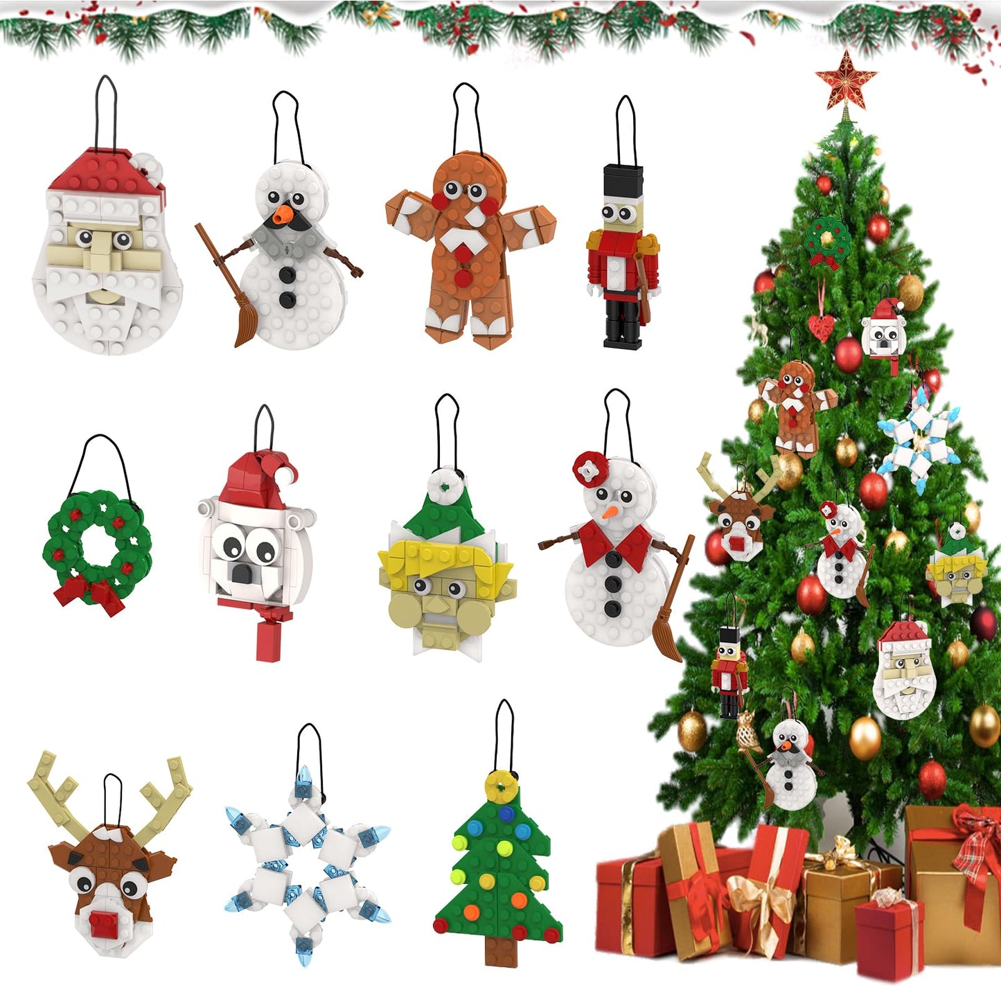 DECMIOX Christmas Ornaments Building Set, 11-in-1 Christmas Tree, Wreath, Santa, Reindeer, Gingerbread, Polar Bear, Snowflake, 2025 Xmas Holiday Stocking Stuffer Toys Gifts for Kids Boys Girls