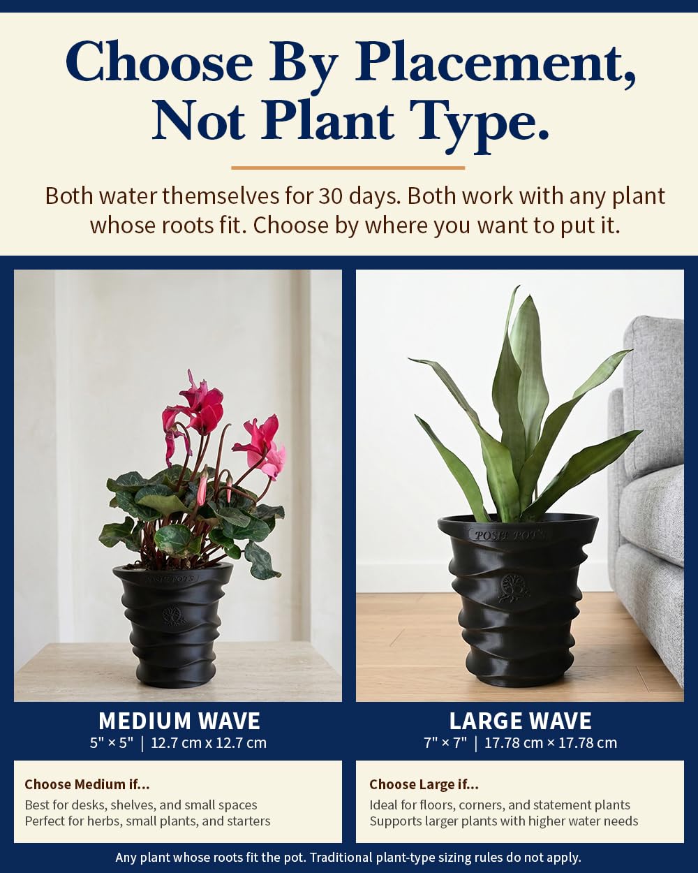 Posie Pot Medium Wave Self Watering Planter for Indoor Plants - 5x5 Inch Patented Pot with 10X Water Reservoir - Modern 3D Printed Desk Planter - Root Rot Free - Eco Friendly, Made in USA, Black