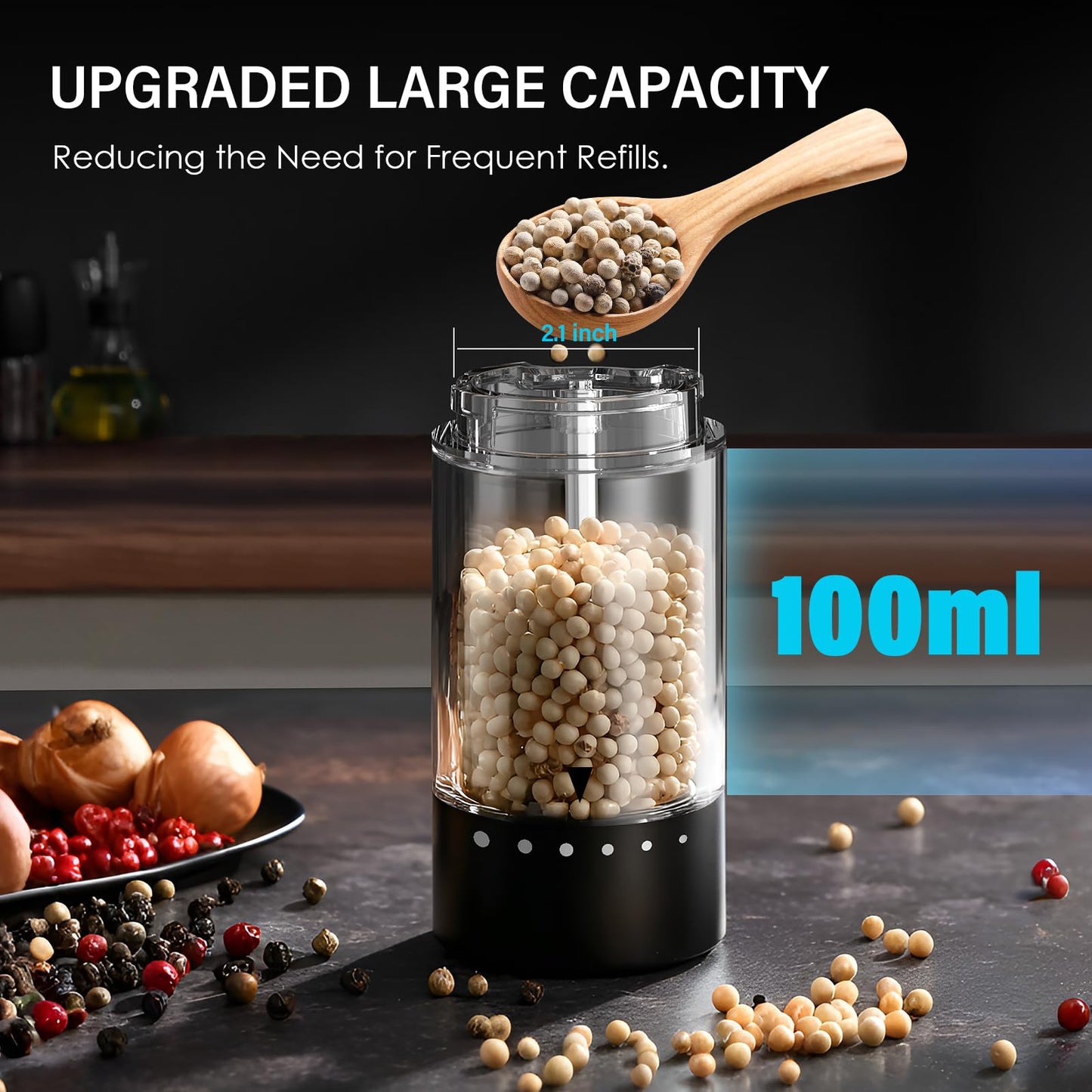 Electric Salt and Pepper Grinder Set, Automatic Salt and Pepper shakers with Upgraded 6-Level External Adjustable Coarseness, Battery Operated, Larger Capacity with Led for Home Kitchen (Black/Black)