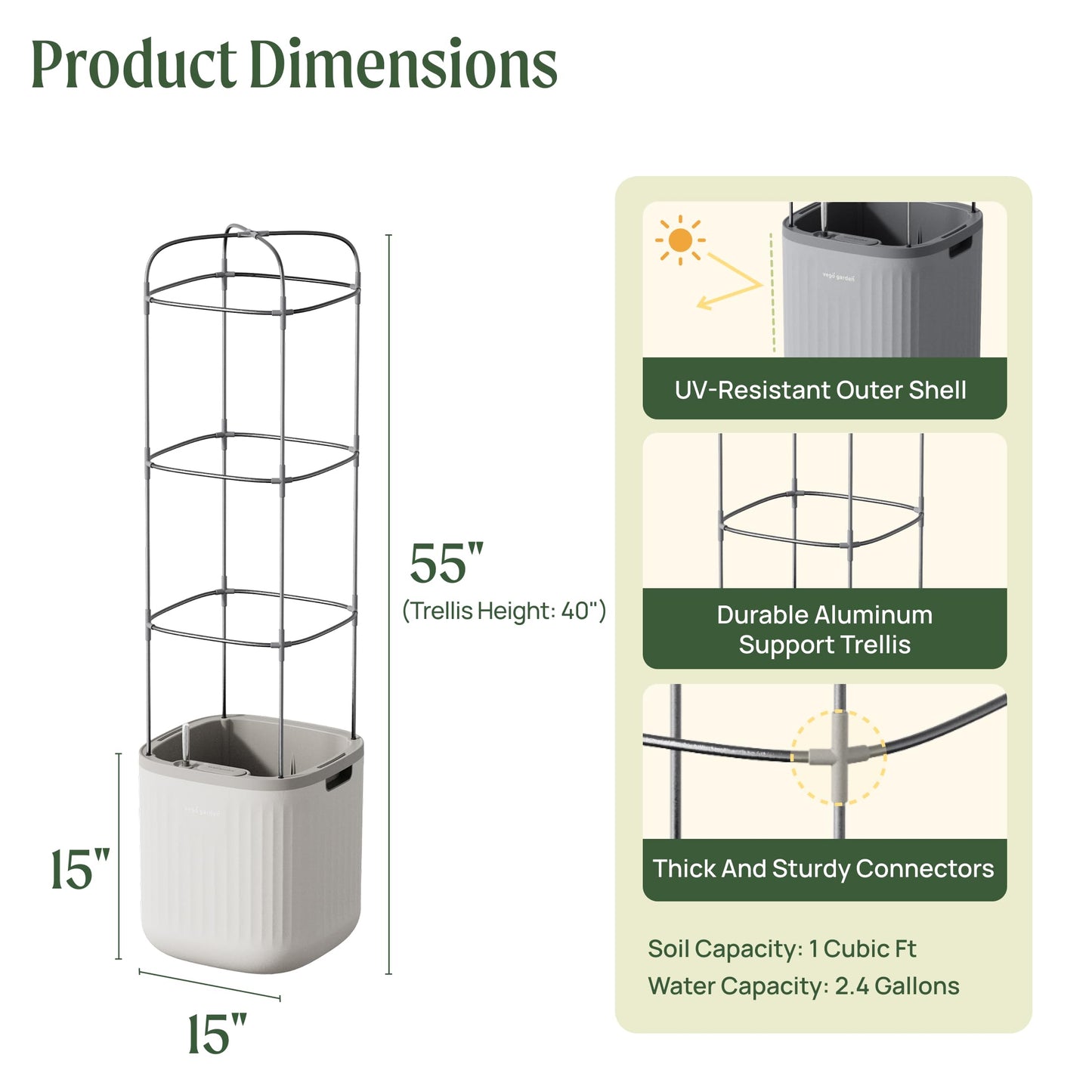 Vego garden Planters for Outdoor & Indoor Plants, Large Plant Pots with Self Watering, 15" Tall Large Plant Pots with Trellis for Flowers Plants Decor, Cream White