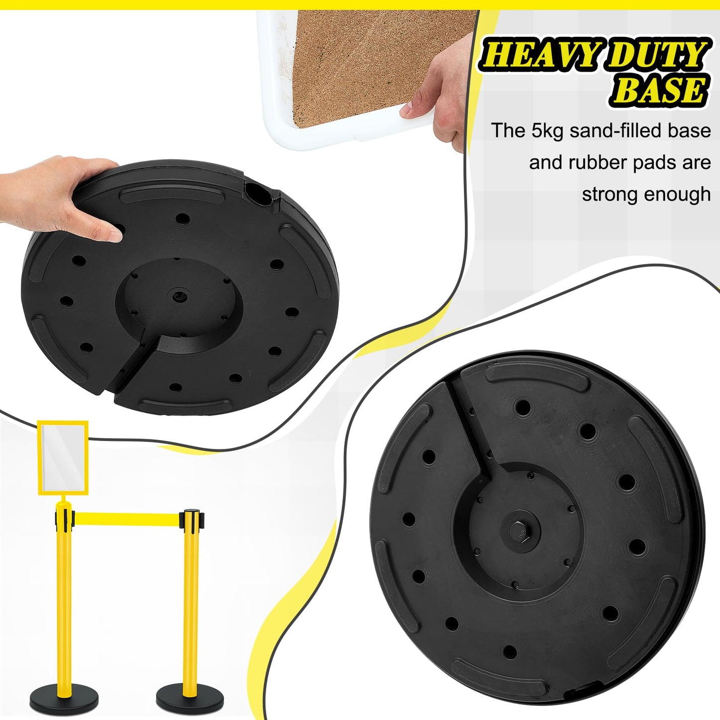 Therwen 6 Pack Heavy Duty Crowd Control Stanchions 9.8 ft Stainless Steel Stanchion Set with Safety Barrier Post Retractable Belt and Sign Holder Crowd Control Barrier(Yellow Belt, Yellow)
