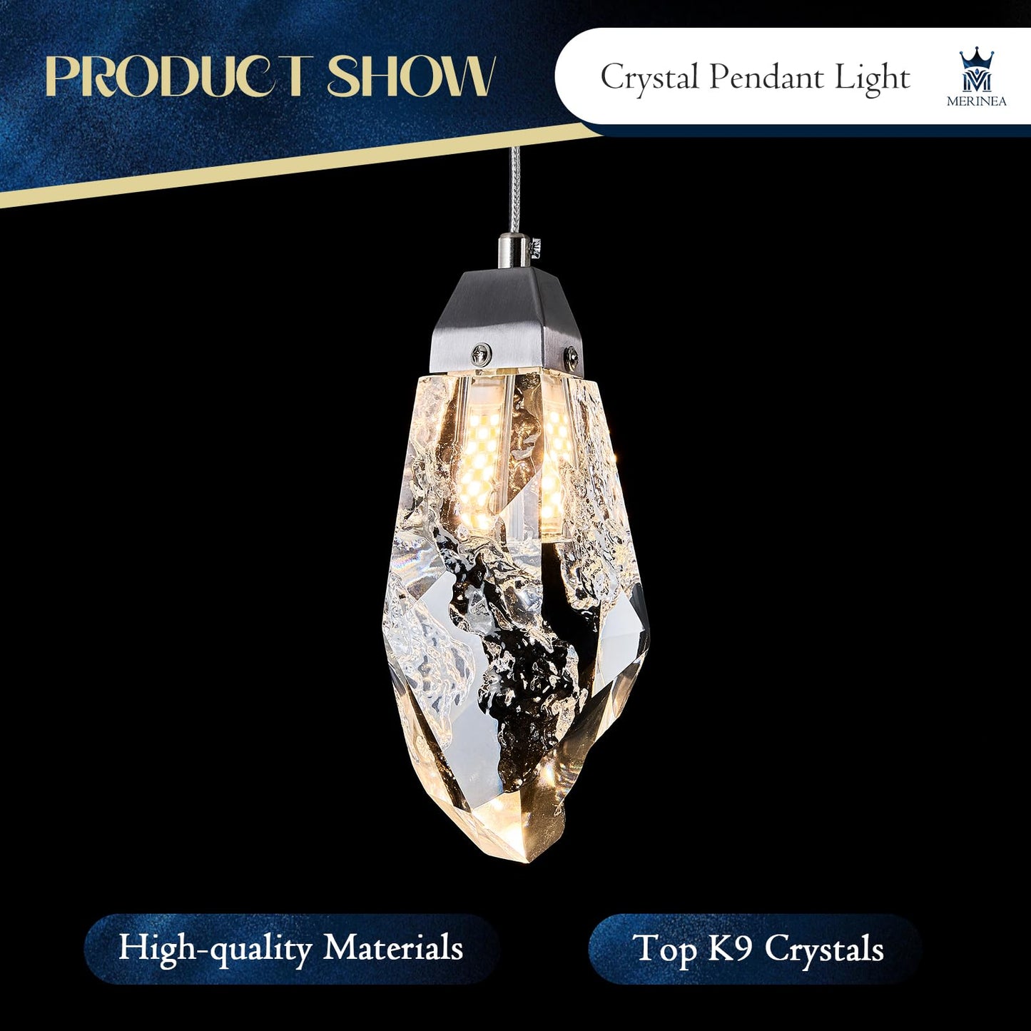 MERINEA Brushed Nickel Crystal Pendant Light with Prism K9 Crystals, Modern LED Kitchen Island Hanging Light Fixture Adjustable Single Pendant Chandelier for Dining Room, Bedroom, Bathroom, Bar