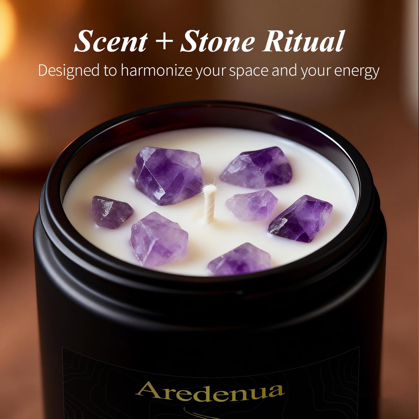 Aredenua Candle for Meditation and Spiritual Practice - Sandalwood Aromatherapy Candle with Amethyst Healing Crystal, Natural Soy Wax Scented Candle for Yoga Mindfulness, 7oz Long Lasting, Zen Gift