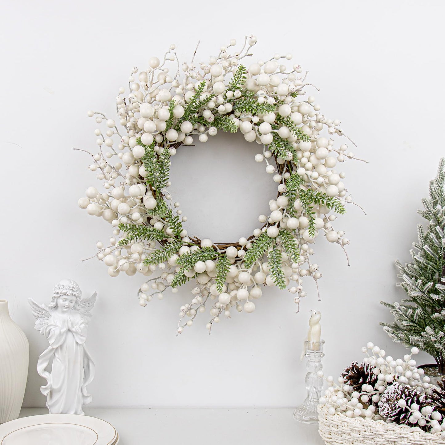 Yawwind 20 Inches White Christmas Wreath Farmhouse Winter Wreath Rustic Winter Wreaths for Front Door with White Berry Fir Pine Needle for Doors Window Indoors Porches Outside