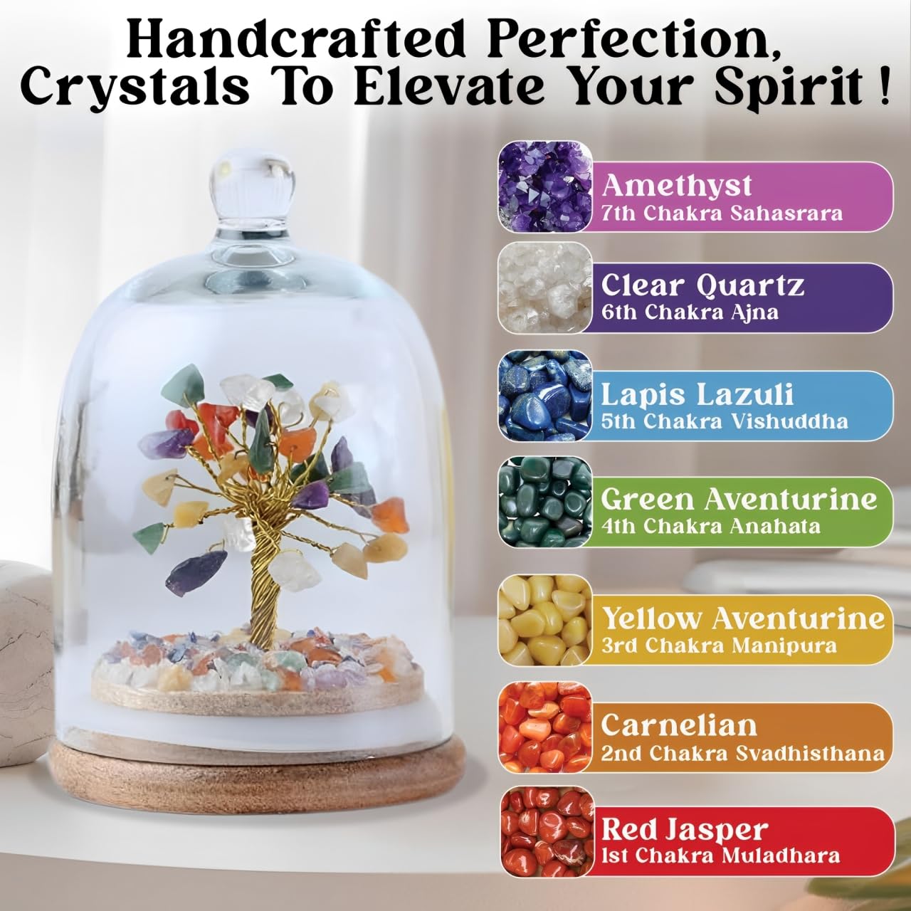 HOME INFINIX Crystal Tree of Life 7 Chakra Healing Crystal Trees in Glass Dome – Handmade Gemstone Bonsai Tree for Positive Energy, Feng Shui, Meditation, Spiritual Home Decor, Office Desk, Birthday