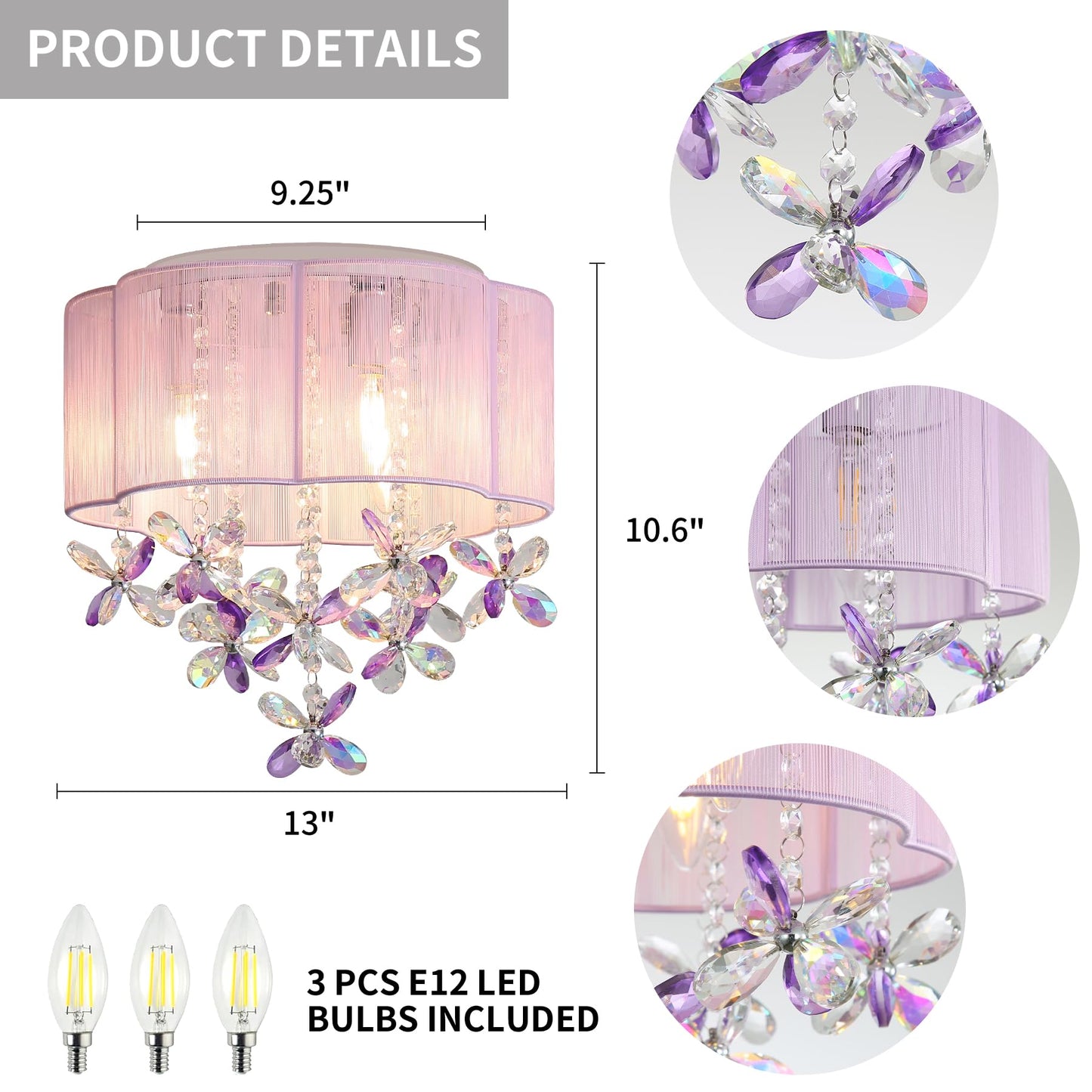 3 Light Bedroom Chandelier Ceiling Light Pink Lamp 13" Small Crystal Mini Chandelier Flush Mount Ceiling Light with Handmade Flower Lampshade for Girls' Bedroom,Closet,Nursery,Dinning Room Purple