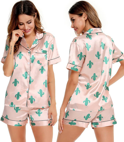 SWOMOG Womens Silk Satin Pajamas Set Short Sleeve Sleepwear Button Down Top and Shorts Loungewear 2 Piece Pjs Set XS-3XL