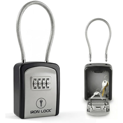 Iron Lock® Key Lock Box Portable with Cable Shackle – Small Waterproof Heavy-Duty Metal Safe with 4-Digit Combination for Spare Keys Outside on Door Knob, Fence, Pipe or Gate (Grey, Small)