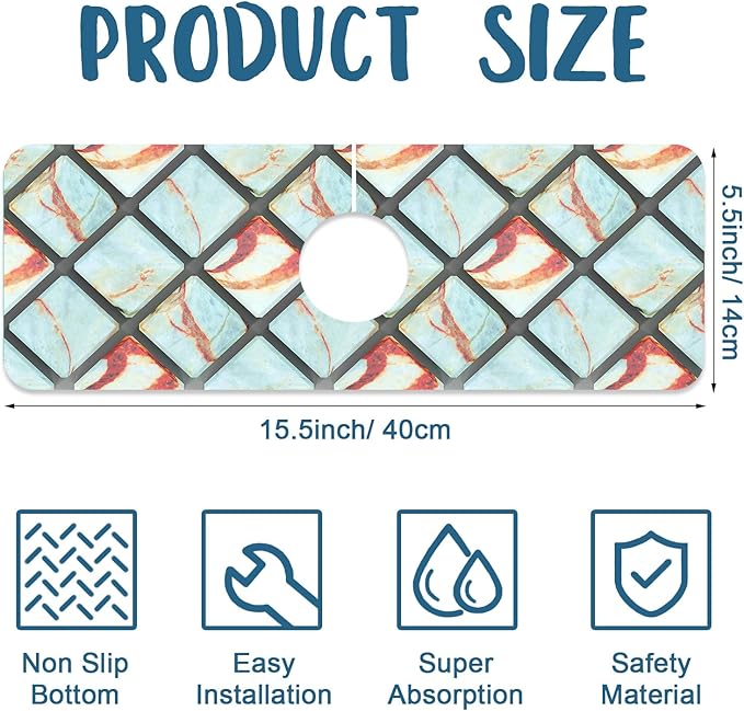 Rendering Marble Sink Splash Guard Faucet Mat Blue Wall Tiles Super Absorbent