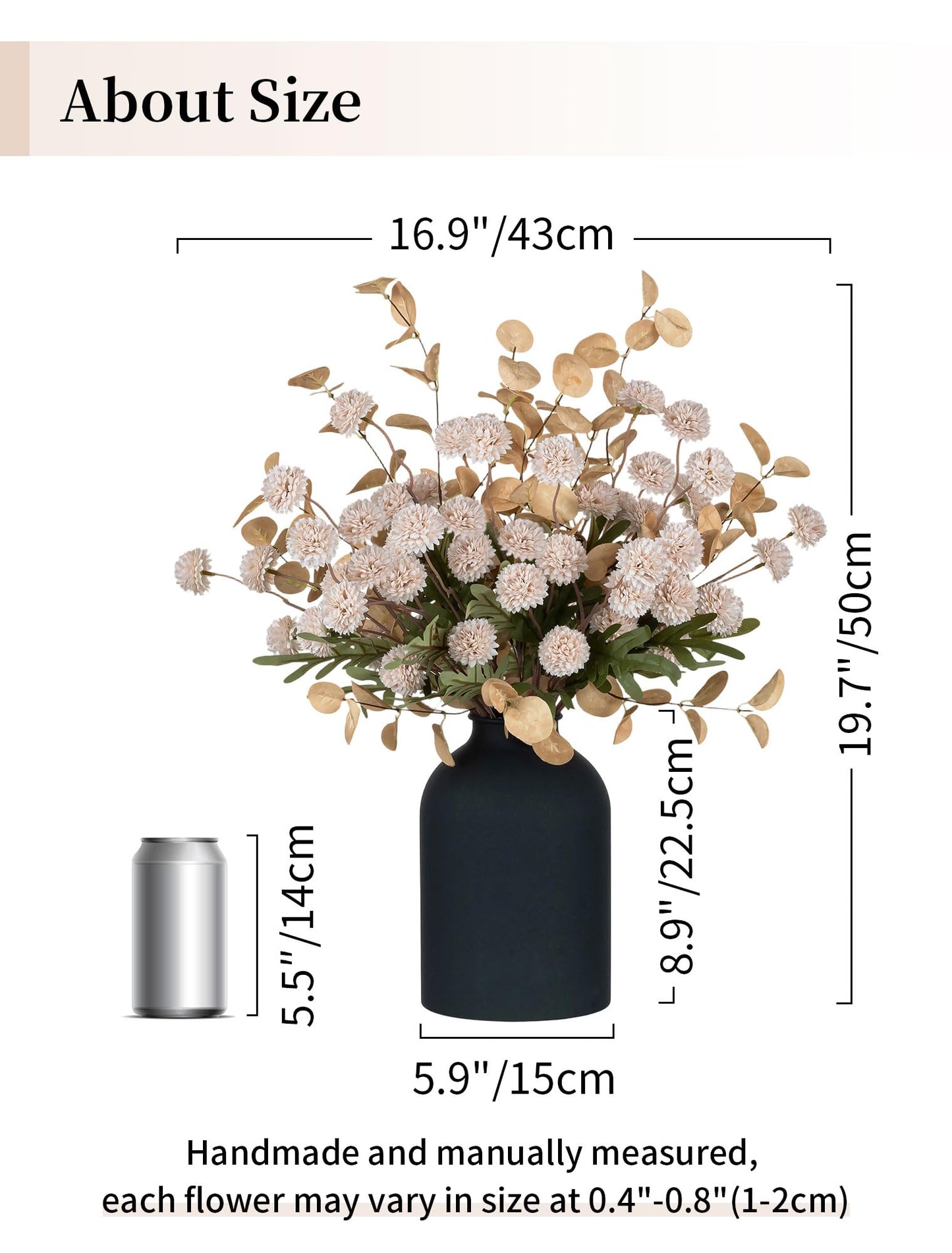 BLOSMON Fake Flowers Centerpieces for Tables: Gifts for Women Metal Vase with 12 Stems of Artificial Mums Kiku Eucalyptuses for Dining Room - Beige Faux Floral Arrangements in vase