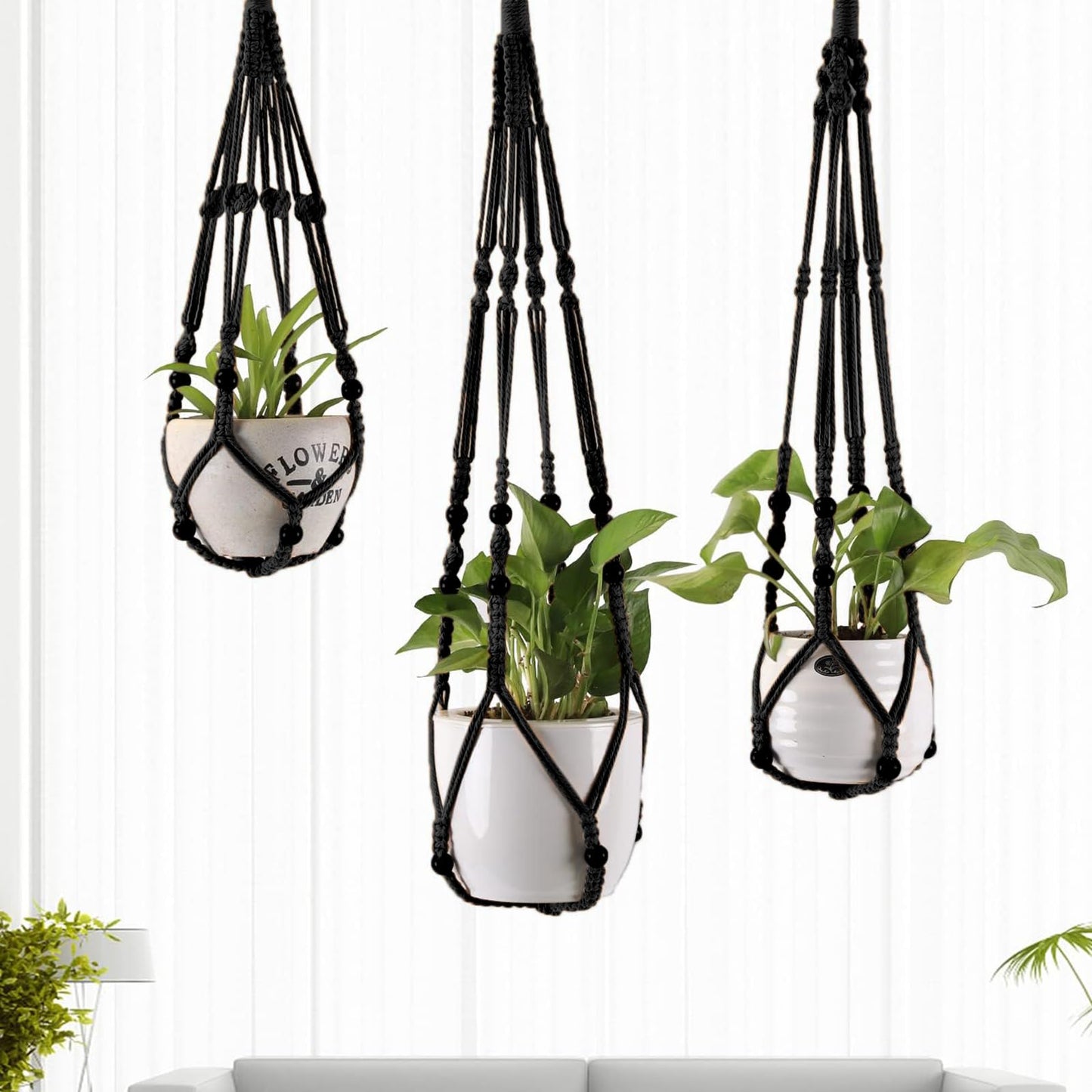 MKO SHUN 3-Pack Macrame Plant Hanger Indoor - Hanging Planter Basket for Indoor Outdoor - Decorative Boho Plant Holders Set with Beads - Ceiling Flower Pot Holder with 6 Hooks - 35"/30"/24" Black
