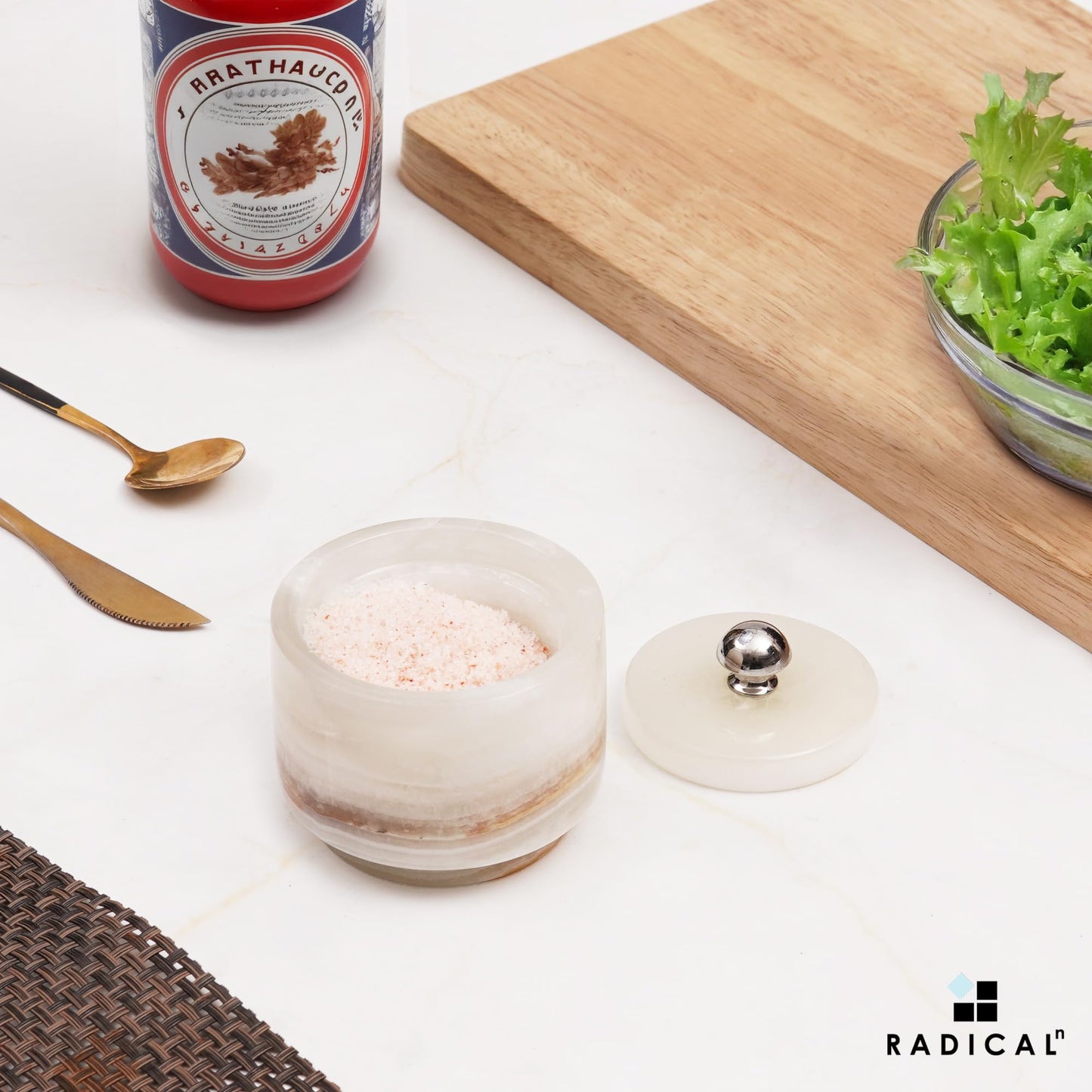 Radicaln Marble Salt Cellar with Lid 3" White Onyx Handmade Salt Box & Spice Jar for Kitchen Counter, Ideal Salt Holder, Sugar Bowl & Salt Dish, Salt Container For Housewarming Gift & Kitchen Decor