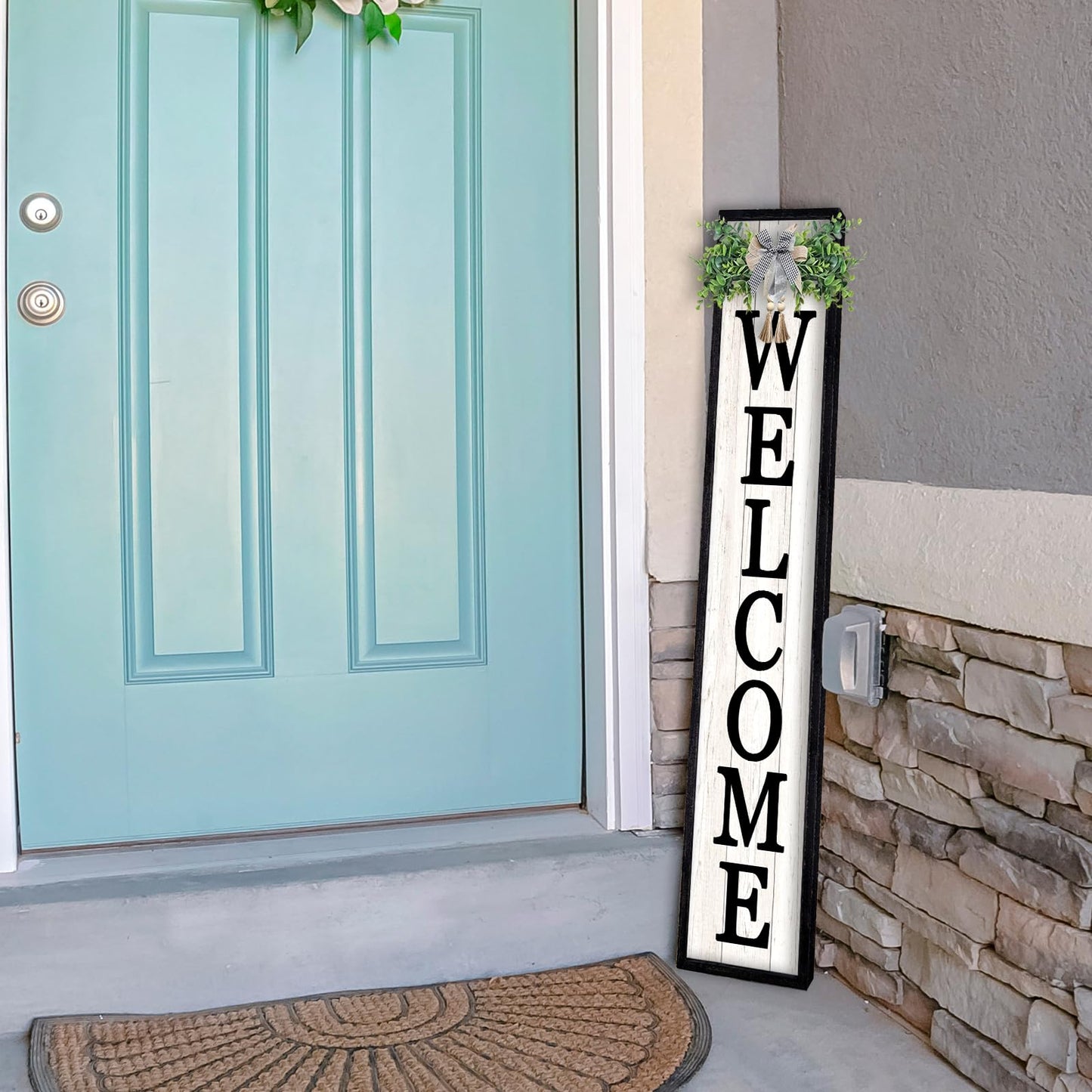 LuZhiQiang Front Porch for Welcome Standing Sign 45"X9" Vertical Tall Long Leaner Outdoor Front Door Wood Framed Decor (Black)