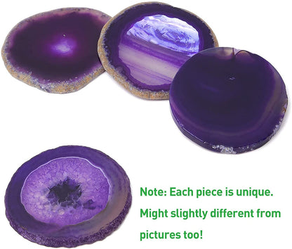 FOLKOR LIFE Purple Agate Coasters Set of 4, Natural Stone Drink Coasters with Unique Patterns, Decorative Table Coasters for Coffee Table, Bar or Desk, Housewarming Gift for Women, Friends or New Home