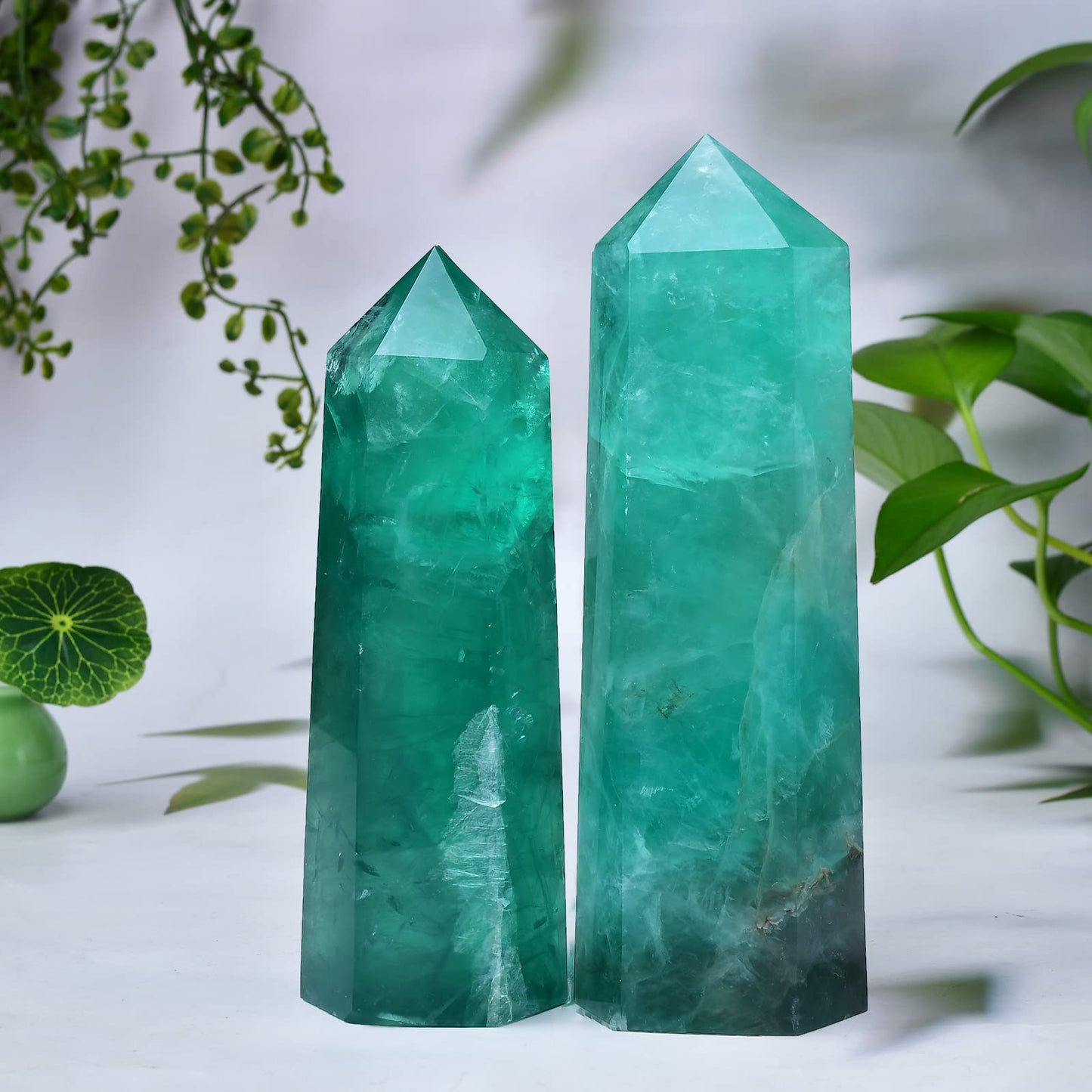FZBHRO Large Green Fluorite Quartz Towers Crystal Point Obelisk 6 Faceted Healing Crystal Stone Wand for Beginer Meditation Gift 2.2-2.6 Pound