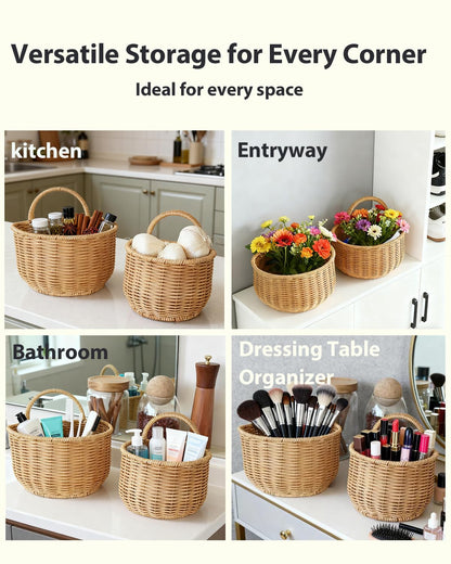 2 Pack Wall Hanging Rattan Baskets, Hand-Woven Storage Basket, Small Wall Hanging Baskets for Kitchen, Washable Decorative Basket, Potato Garlic Onion Storage Baskets