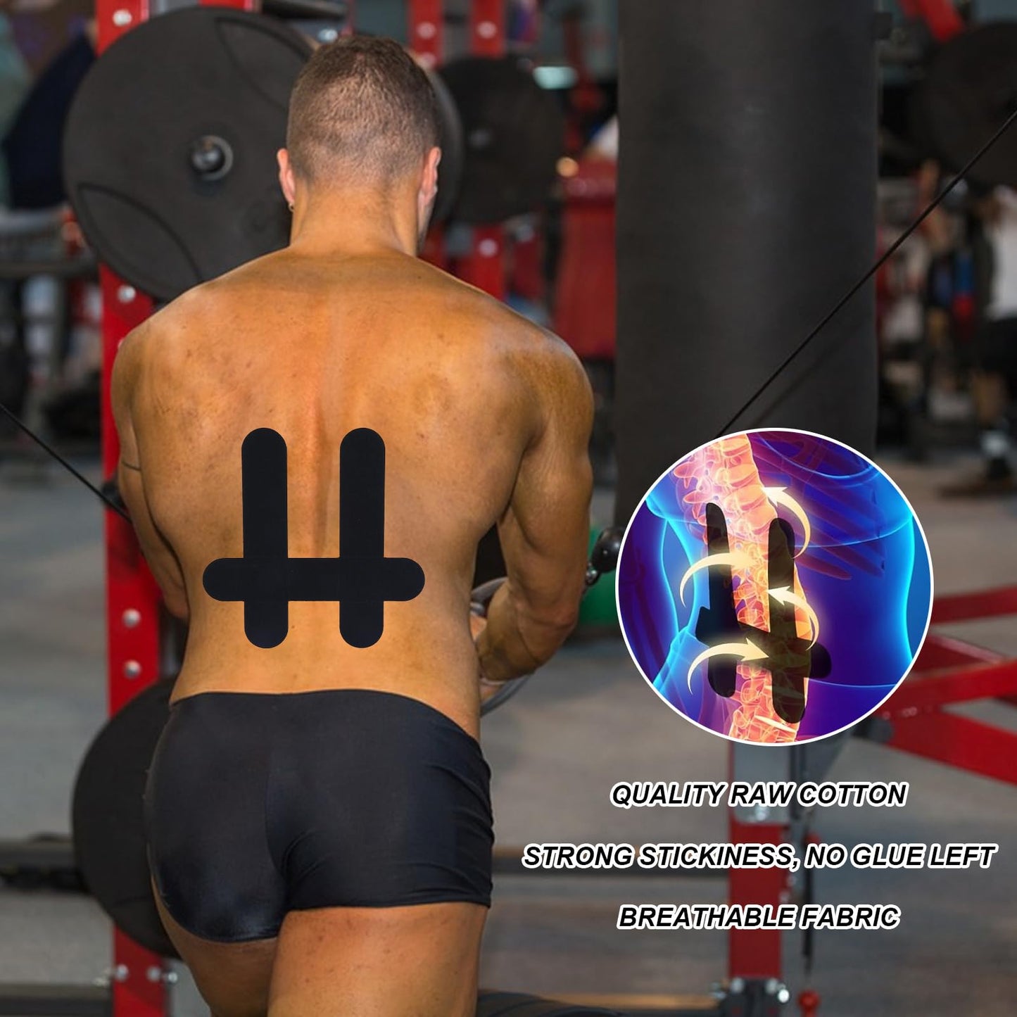 12pcs Kinesiology Tape for Lower Back, Breathable & Waterproof Lower Back Sports Tape Precut Strips Cotton Elastic Athletic Sticker for Muscle Support (Black)