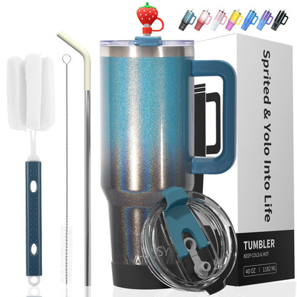 40 oz Shiny Tumbler with Handle and Straw,Stainless Steel Tumbler with Lid and Straw,Insulated Travel Mug(Cold for 34 Hours),Water Bottle for Iced Tea,Coffee (Black Blue)