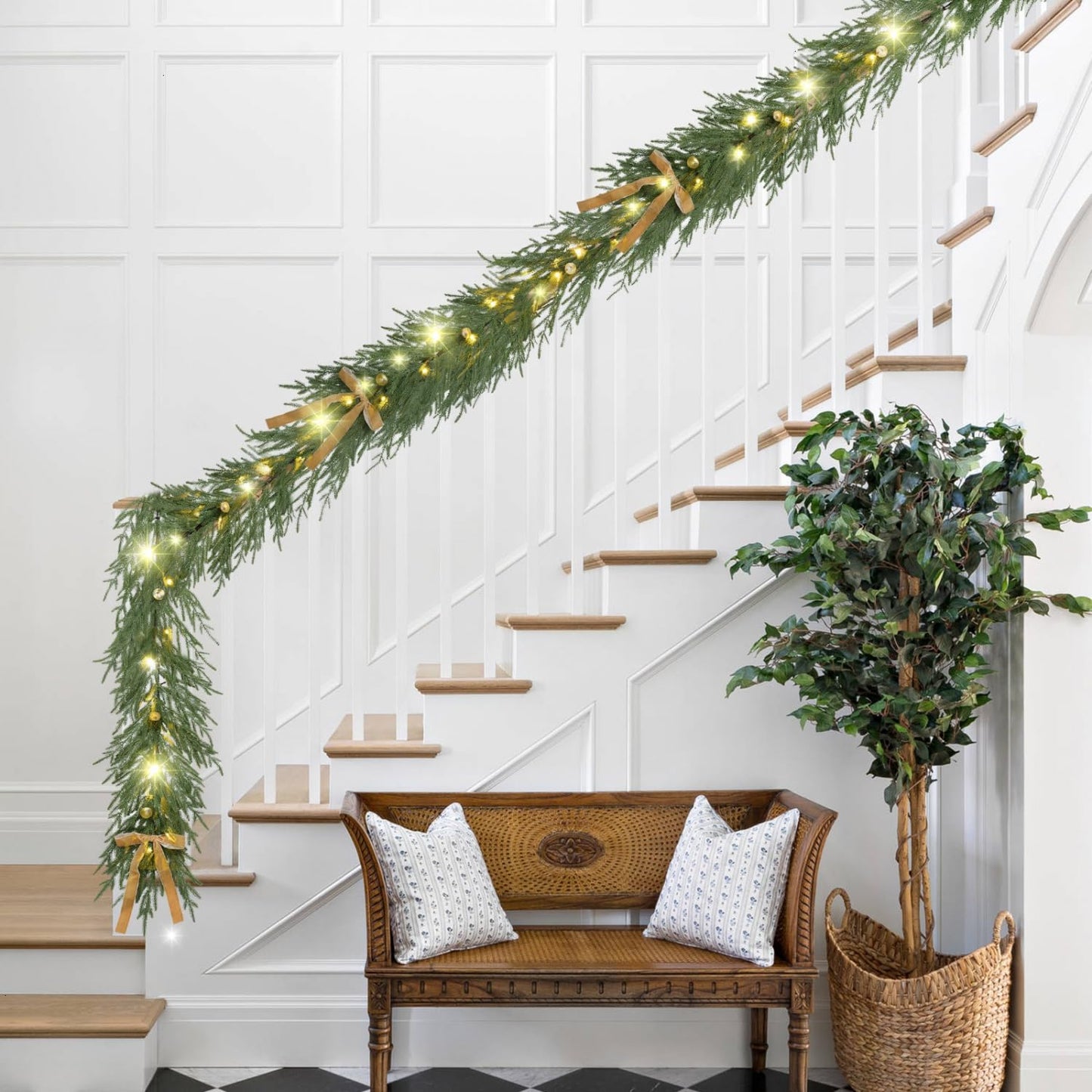 YoleShy 6FT Real Touch Norfolk Pine Garland Christmas Garland with Bell Battery Operated Prelit Garlands Christmas Decorations for Mantle Fireplace Xmas Garland Home Decor