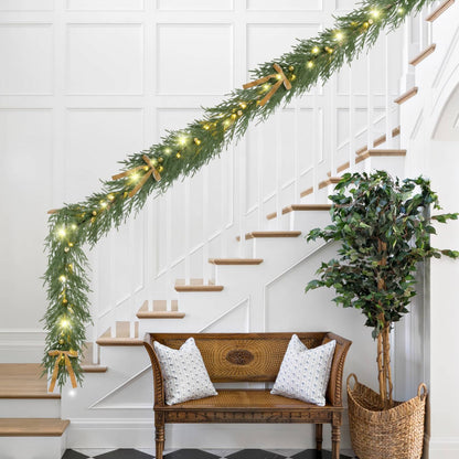 YoleShy 6FT Real Touch Norfolk Pine Garland Christmas Garland with Bell Battery Operated Prelit Garlands Christmas Decorations for Mantle Fireplace Xmas Garland Home Decor