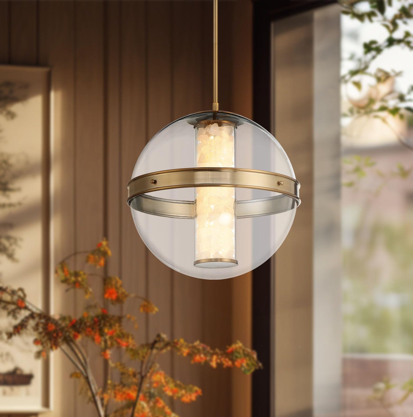 Minka Lavery 3885-776-L Divinely Clear Glass Acrylic/Quartz Crystalline LED Orb Pendant Ceiling Light, 1-Light 33 Watt, 19" H x 17" W, Celeste Brass