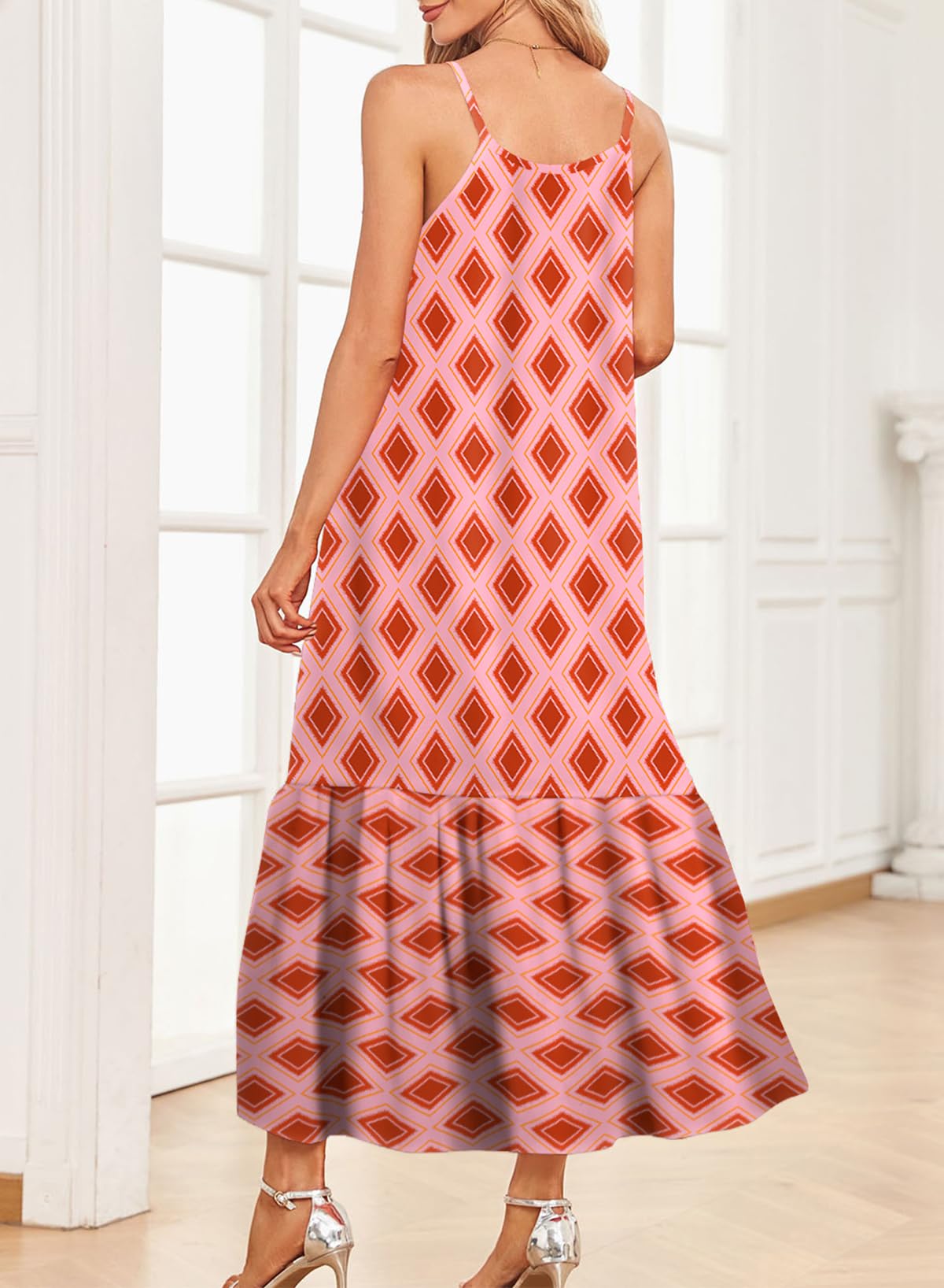 Dokotoo Women Summer Dresses 2025 Spaghetti Strap Scoop Neck Smocked Ruffle Flowy Boho Maxi Dress