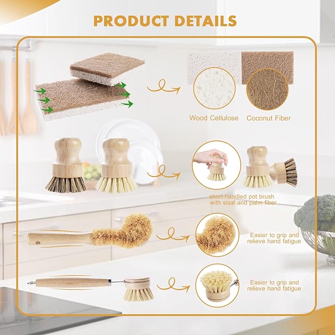 6 Piece Bamboo Dish Brush Set