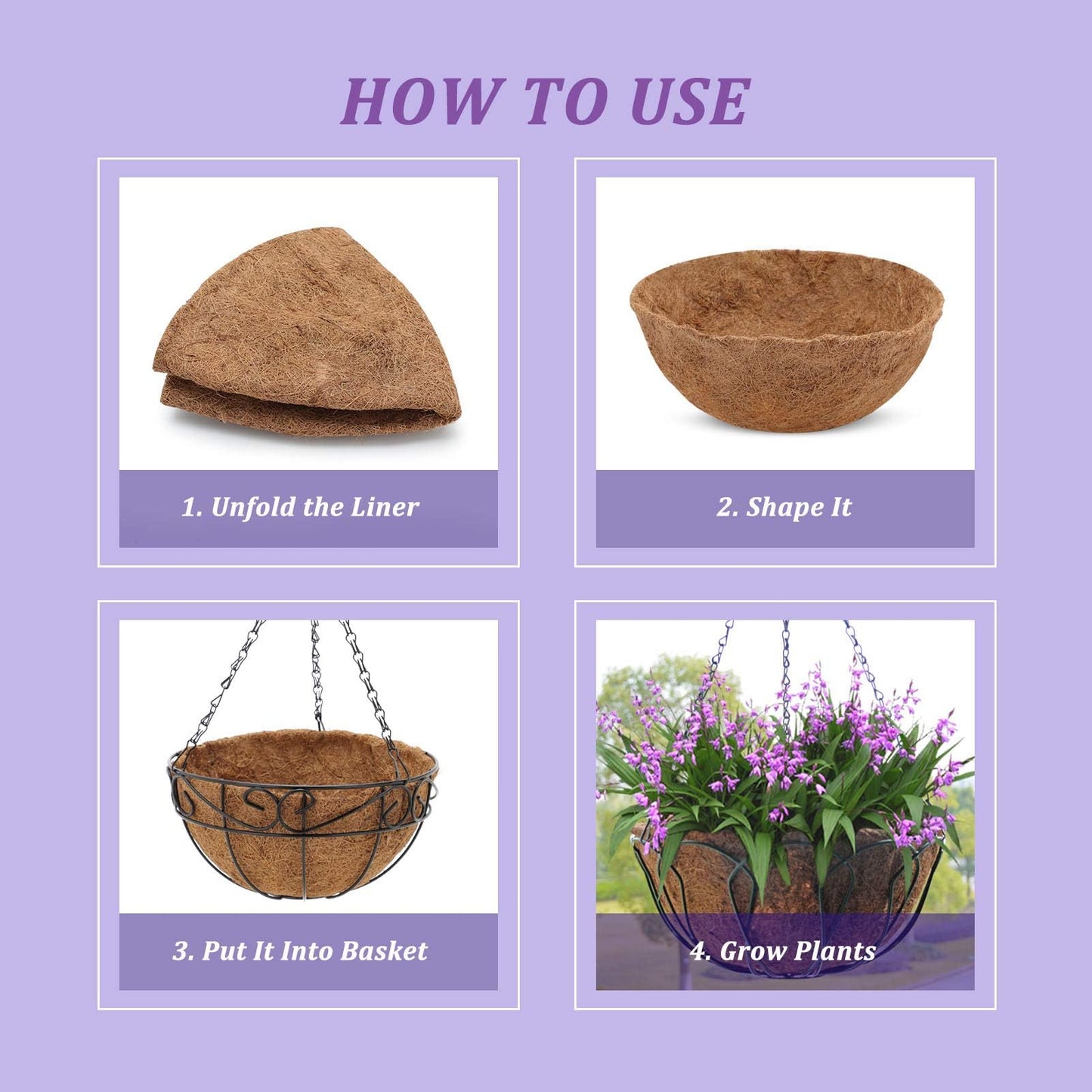 6 Pcs 8inch Coconut Fiber for Plants Round Hanging Basket Liner Wall Planter Insert Replacement Coco Coir Liner for Window Box, 100% Natural Coconut Fiber Fence Flower Baskets Pot (6, 8 inch)